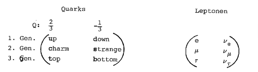 *Baryonen z. B. p = (u u d) *Mesonen z. B. '"`UNIQ--postMath-00000010-QINU`"' *Gluonen (masselose Vektorbosonen) als Austauschteilchen für die starke WW